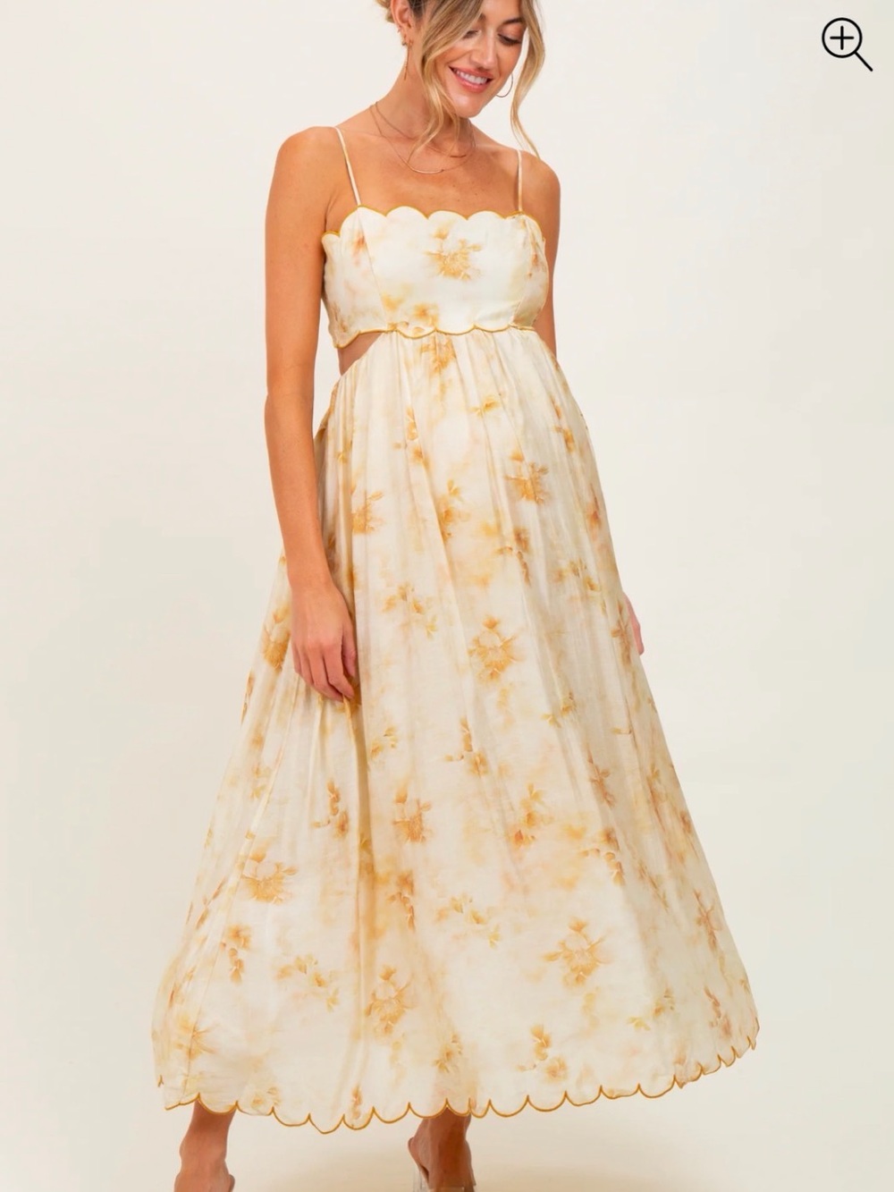 NWT Pinkblush Maternity Yellow Faded Floral Scallop Edge Cutout Midi